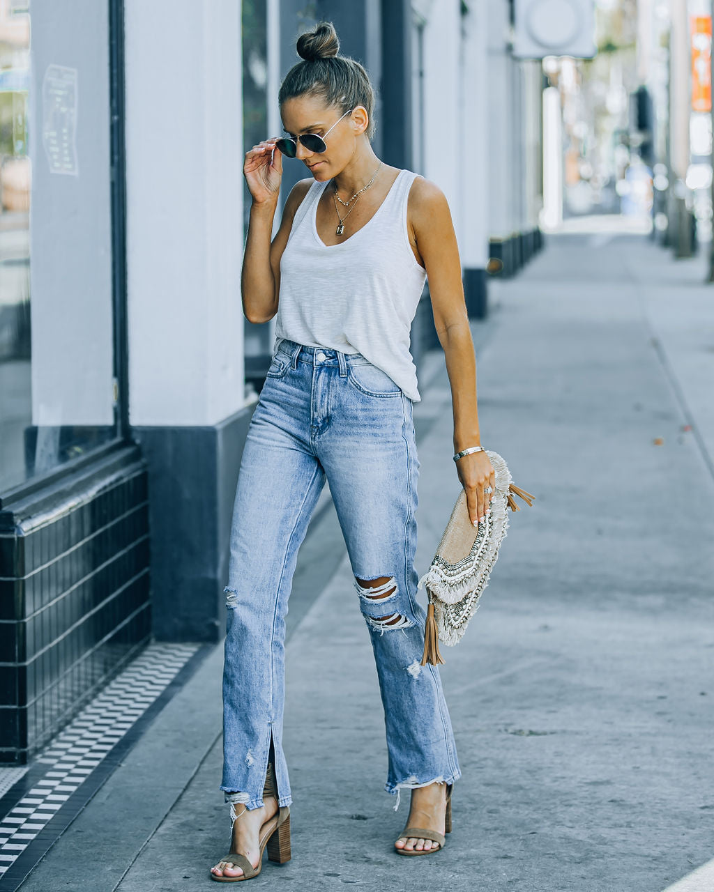 Shea High Rise Distressed Split Ankle Denim - Light Wash