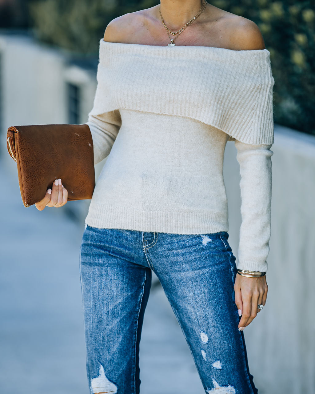 Meren Off The Shoulder Knit Sweater - Cream