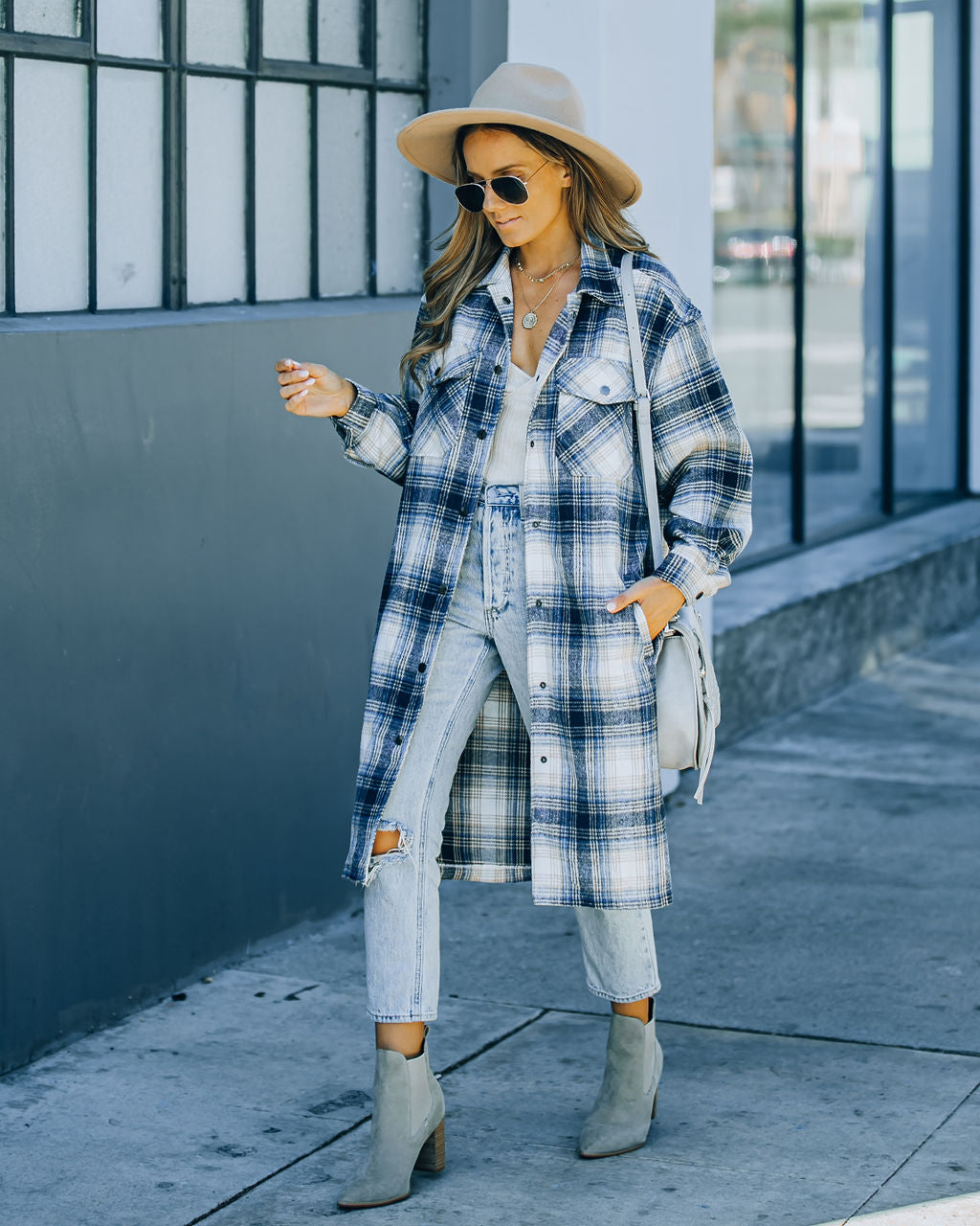 Maxine Pocketed Button Down Plaid Jacket - Navy