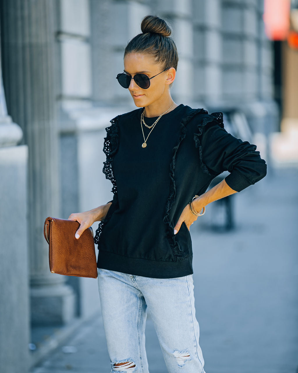 Murrieta Eyelet Trim Pullover - Black