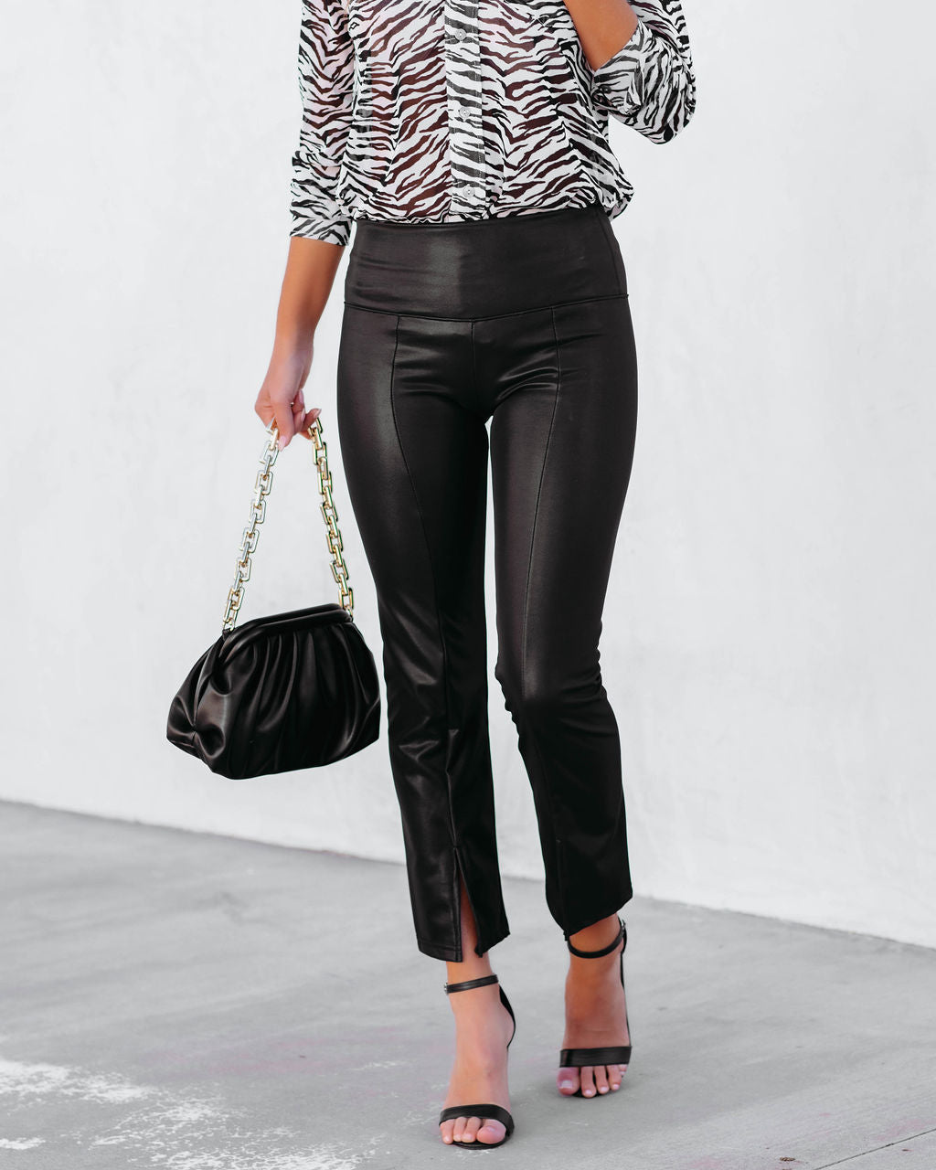 Freedom Faux Leather Slit Front Pants - Black