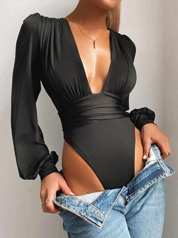 Puff-Sleeve Plunge Bodysuit