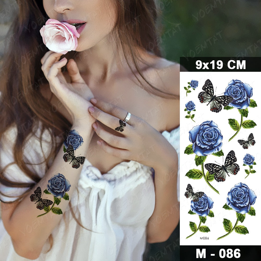 Butterfly Waterproof Temporary Tattoo Stickers Moth Rose Flower Dark Flash Tatto Women Sexy Body Art Arm Neck Fake Tattoos Men