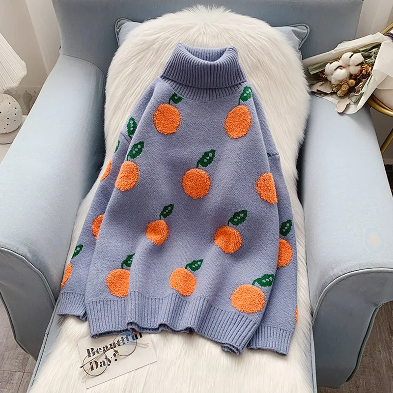Women's Winter Orange High Neck Sweater