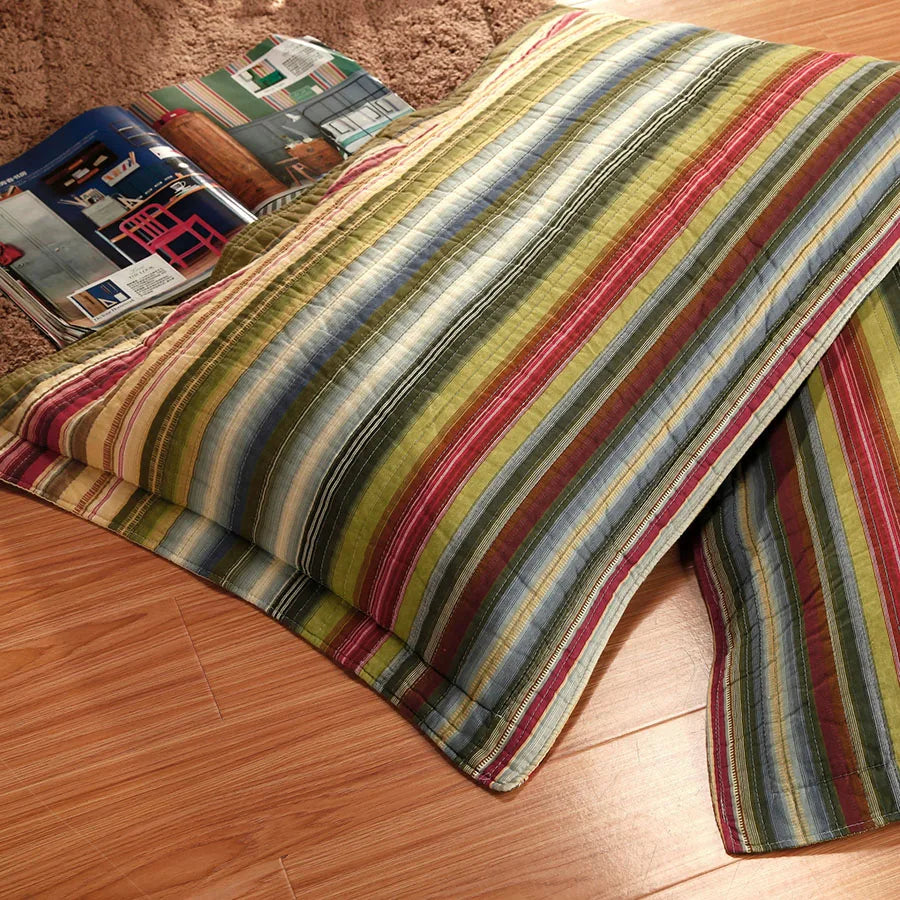 Rainbow Stripe Print 100% Cotton Quilt Set 3-Piece Lightweight Summer Bedspread Minimalist Reversible Home Decor Comforter