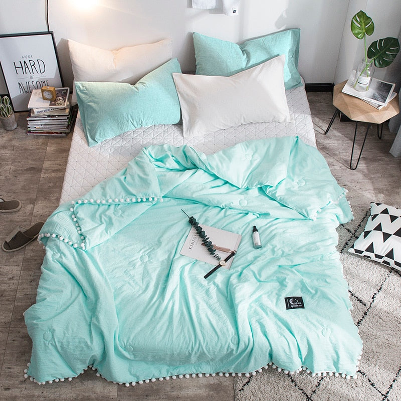 Summer Gray Air Condition Quilts duvet with little white Pompons bed linens Washed cotton throw blankets Solid bedding #s