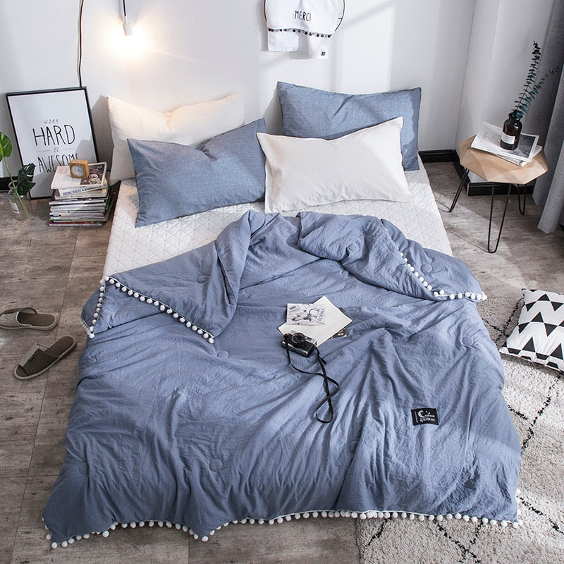 Summer Gray Air Condition Quilts duvet with little white Pompons bed linens Washed cotton throw blankets Solid bedding #s