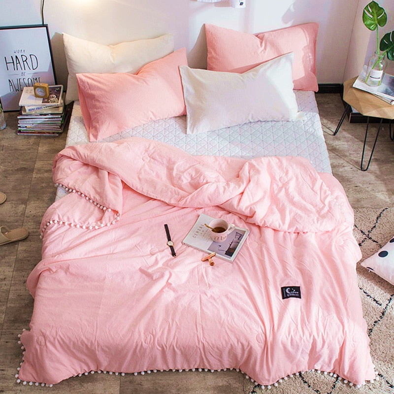 Summer Gray Air Condition Quilts duvet with little white Pompons bed linens Washed cotton throw blankets Solid bedding #s