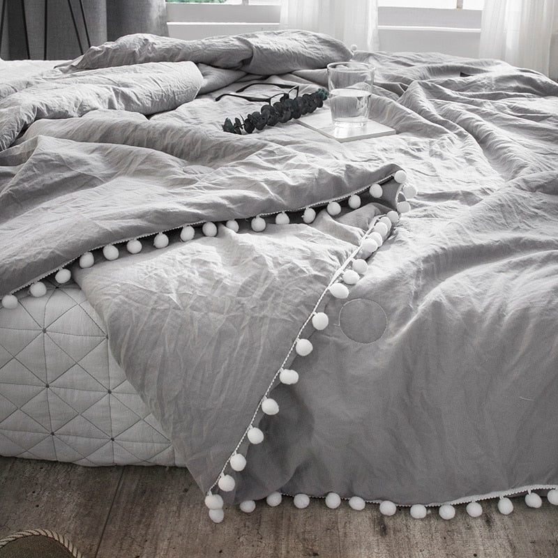 Summer Gray Air Condition Quilts duvet with little white Pompons bed linens Washed cotton throw blankets Solid bedding #s