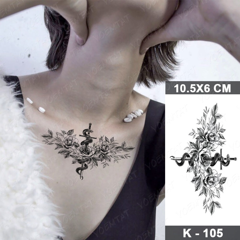 Waterproof Temporary Tattoo Stickers Black Butterfly Rose Transfer Flash Tatoo Women Sexy Neck Hand Chest  Body Art Fake Tattoos