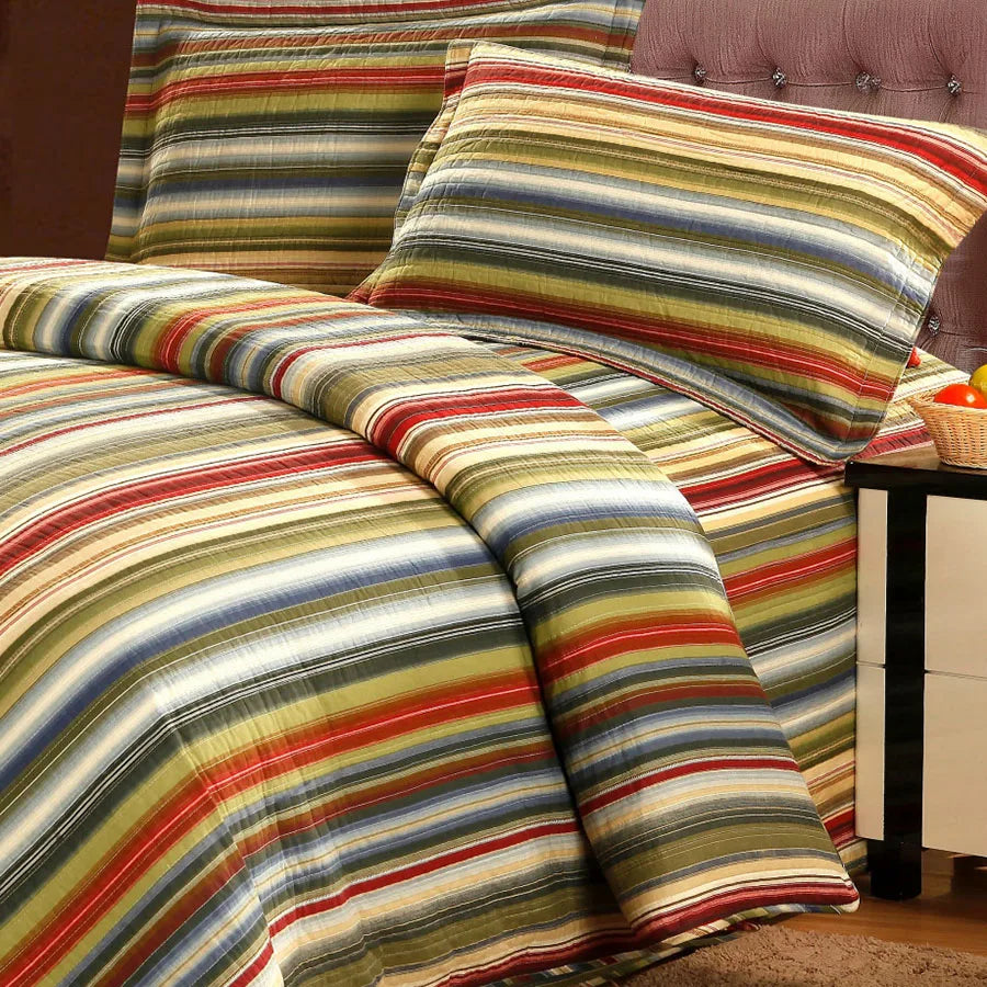 Rainbow Stripe Print 100% Cotton Quilt Set 3-Piece Lightweight Summer Bedspread Minimalist Reversible Home Decor Comforter