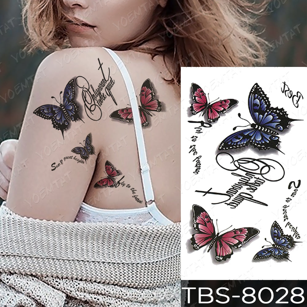 Butterfly Waterproof Temporary Tattoo Stickers Moth Rose Flower Dark Flash Tatto Women Sexy Body Art Arm Neck Fake Tattoos Men