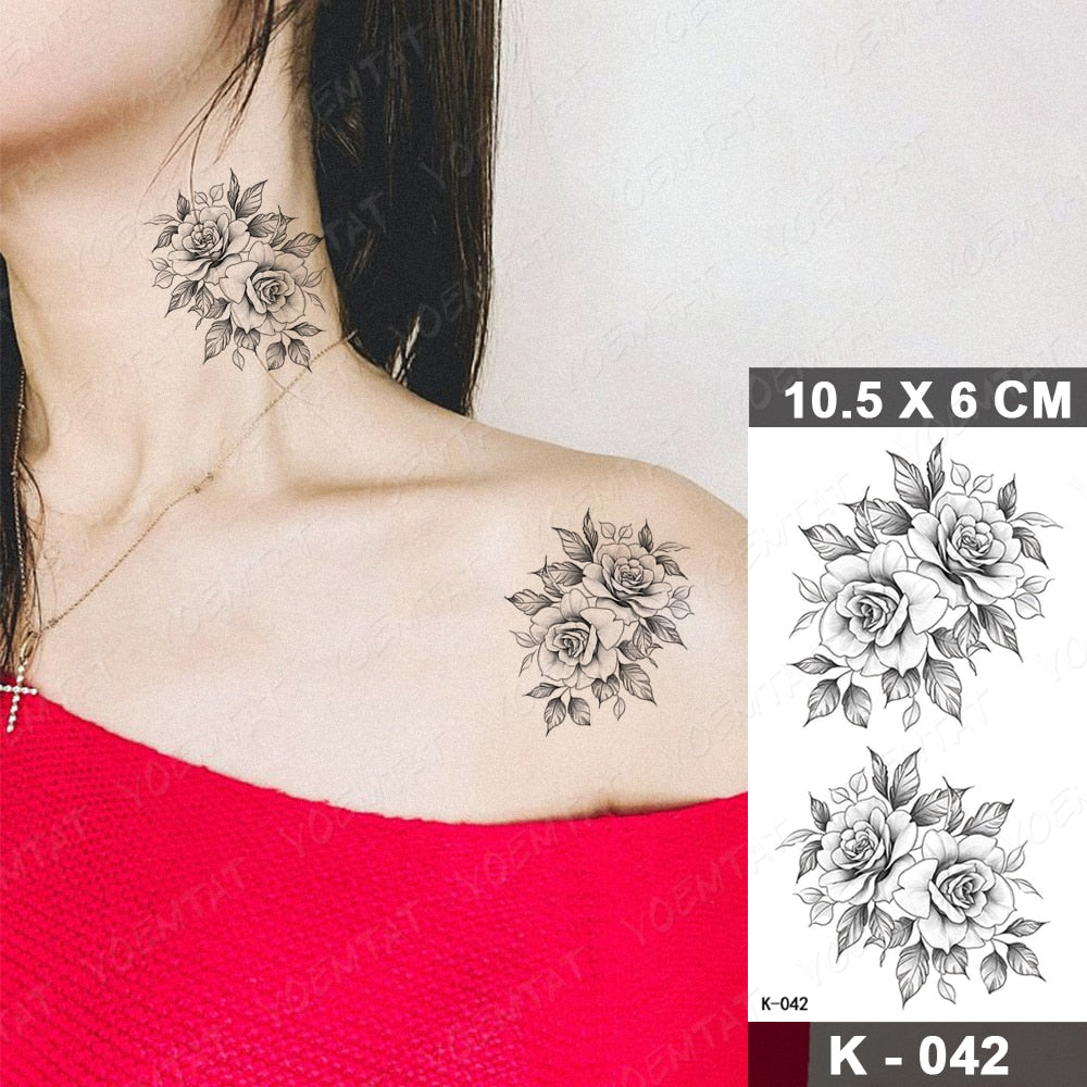 Waterproof Temporary Tattoo Stickers Black Butterfly Rose Transfer Flash Tatoo Women Sexy Neck Hand Chest  Body Art Fake Tattoos