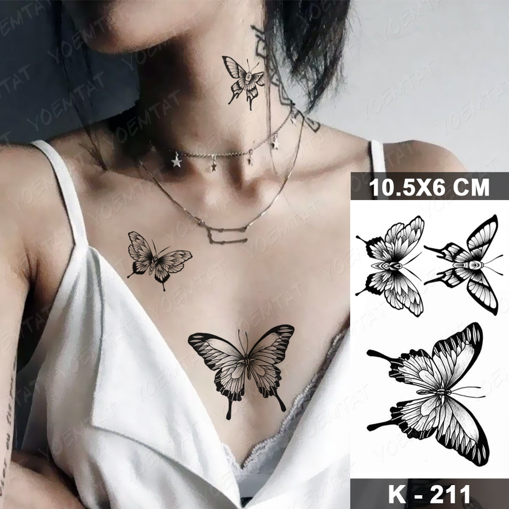 Waterproof Temporary Tattoo Stickers Black Butterfly Rose Transfer Flash Tatoo Women Sexy Neck Hand Chest  Body Art Fake Tattoos