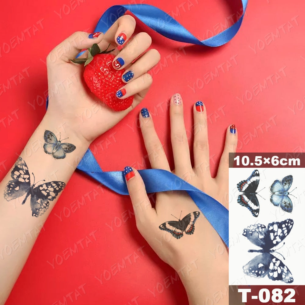 Butterfly Waterproof Temporary Tattoo Stickers Moth Rose Flower Dark Flash Tatto Women Sexy Body Art Arm Neck Fake Tattoos Men