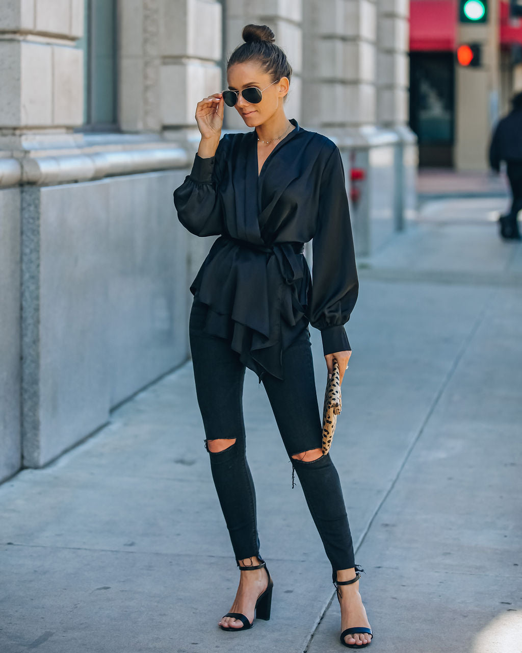 Motivation Satin Drape Wrap Blouse - Black