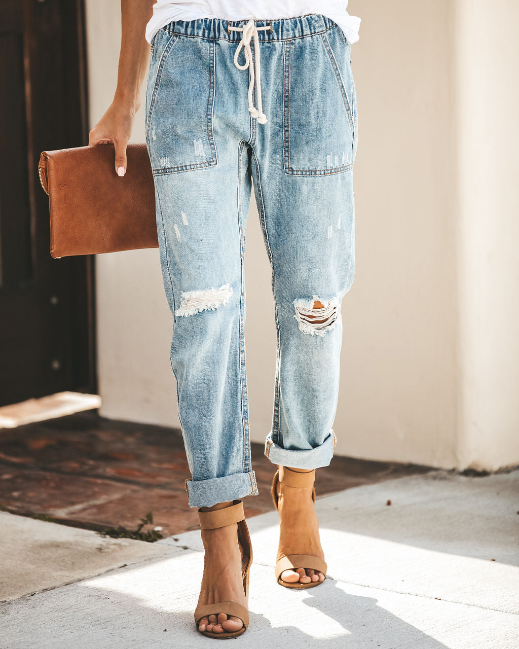 Gather 'Round Distressed Pocketed Denim Joggers