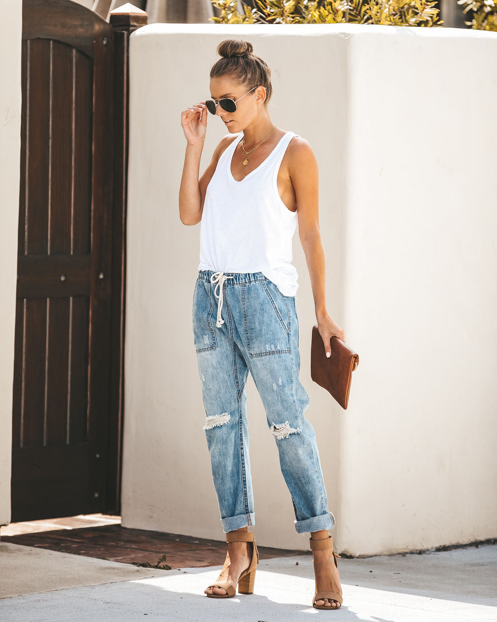 Gather 'Round Distressed Pocketed Denim Joggers