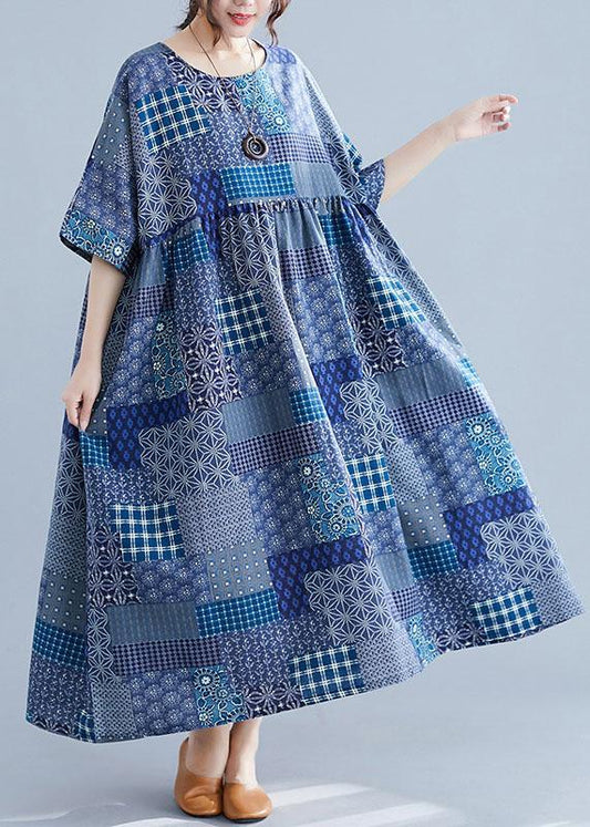 Italian navy plaid linen cotton clothes For Women o neck Cinched cotton Dress-Summer Dress Long-One Size-The Same as Picture-Free Shipping at meselling99