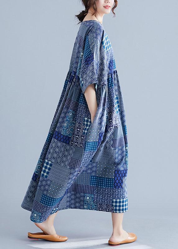 Italian navy plaid linen cotton clothes For Women o neck Cinched cotton Dress-Summer Dress Long-One Size-The Same as Picture-Free Shipping at meselling99