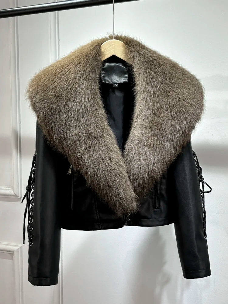 Women Vintage Loose Washed Faux Leather Short Zipper Jacket Coats