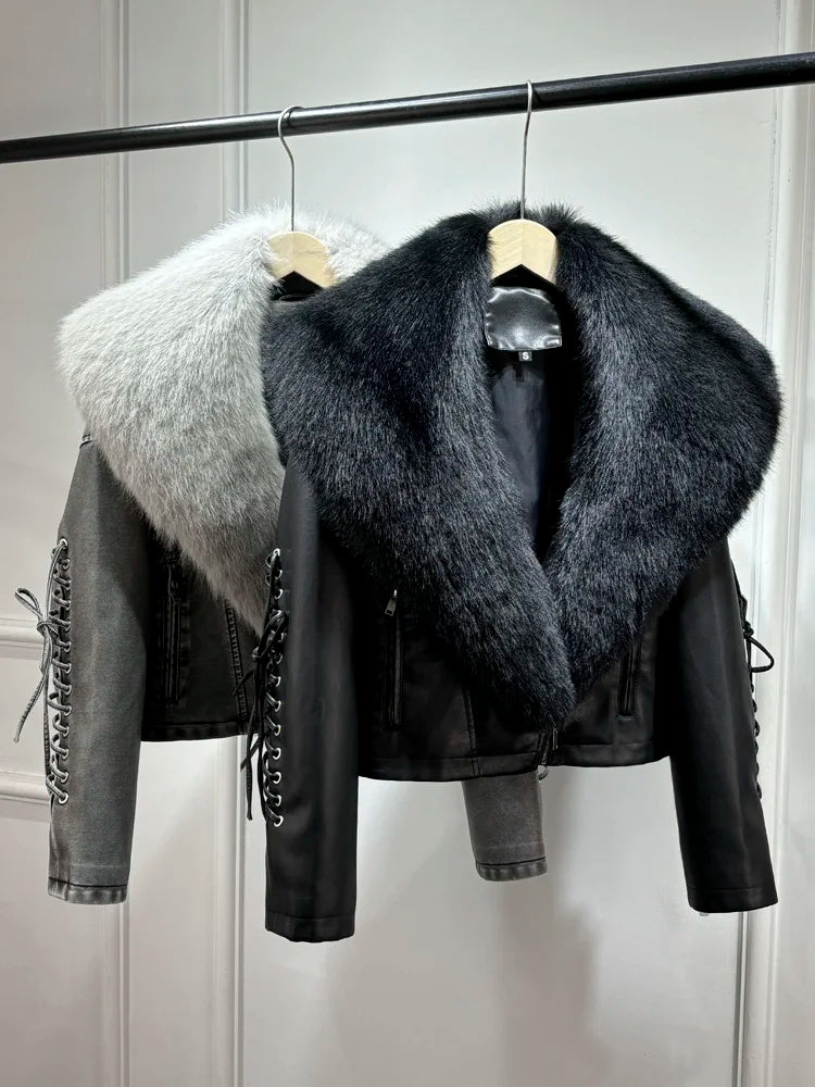 Women Vintage Loose Washed Faux Leather Short Zipper Jacket Coats