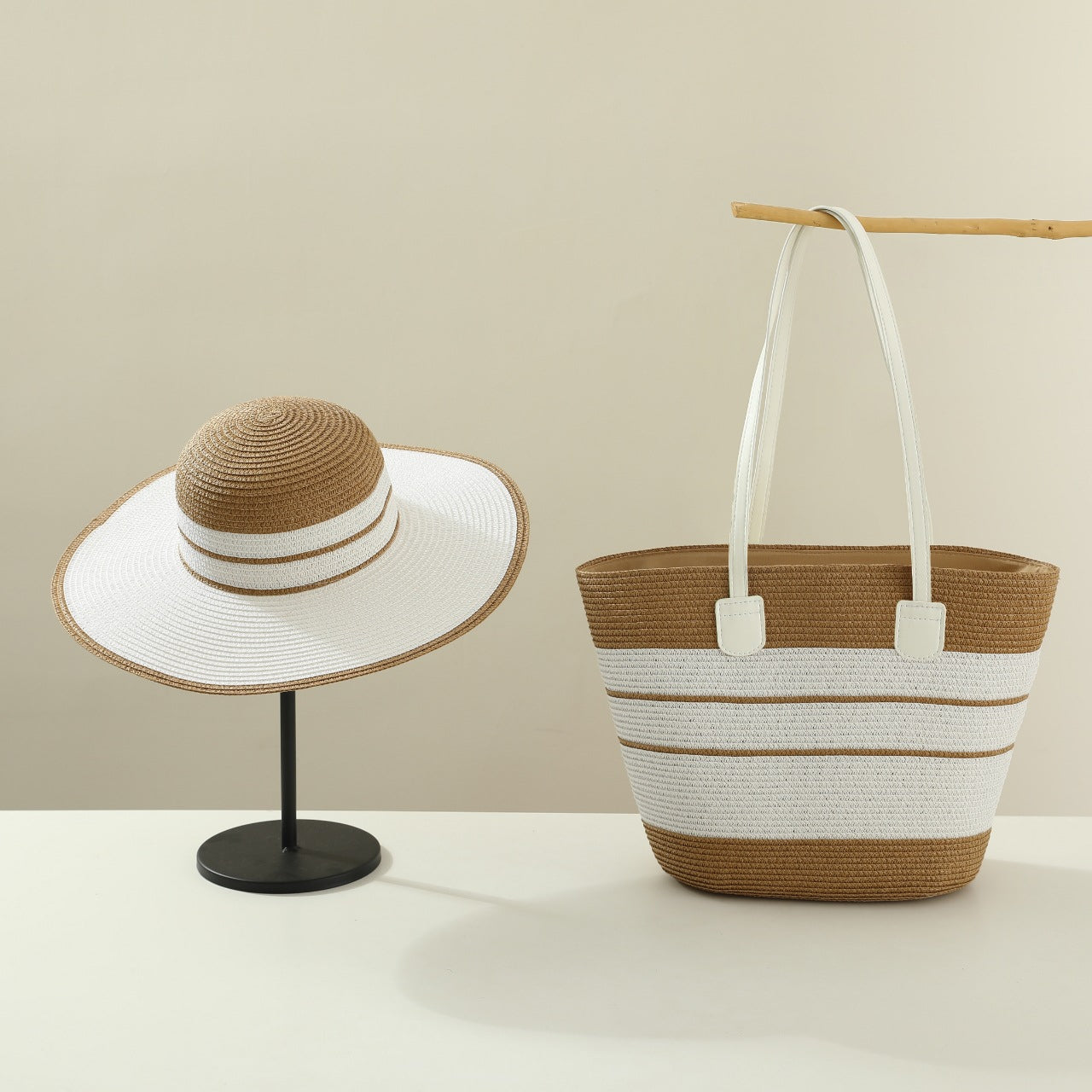 Handmade Designer Beach Straw Hat and Bag Set for Women