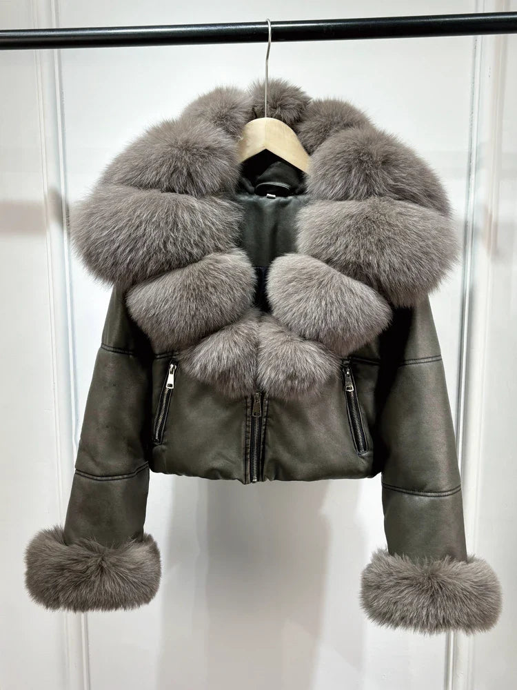 Fashion Fox Fur Women Winter Short PU Leather Jacket Warm Coat