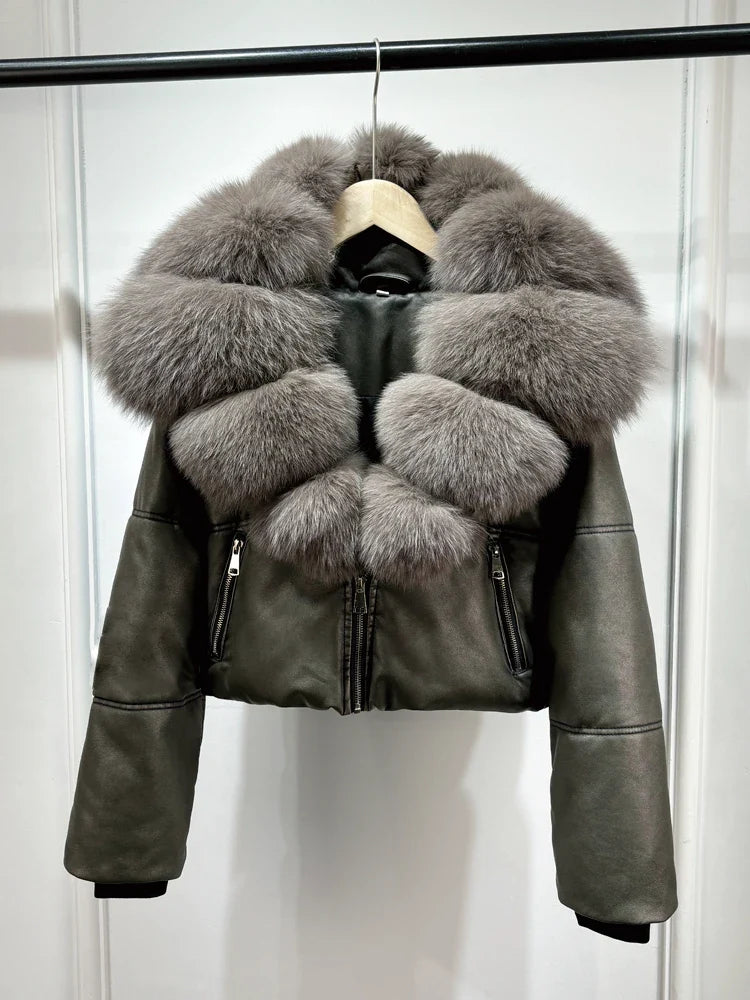 Fashion Fox Fur Women Winter Short PU Leather Jacket Warm Coat