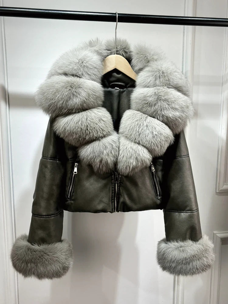 Fashion Fox Fur Women Winter Short PU Leather Jacket Warm Coat