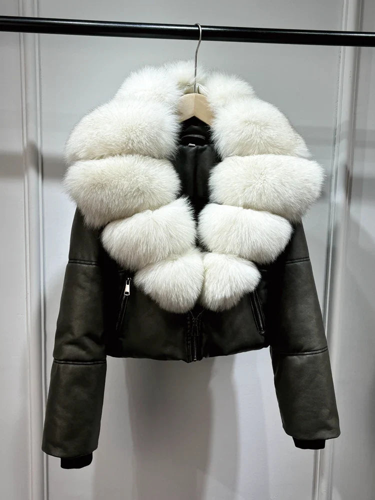 Fashion Fox Fur Women Winter Short PU Leather Jacket Warm Coat