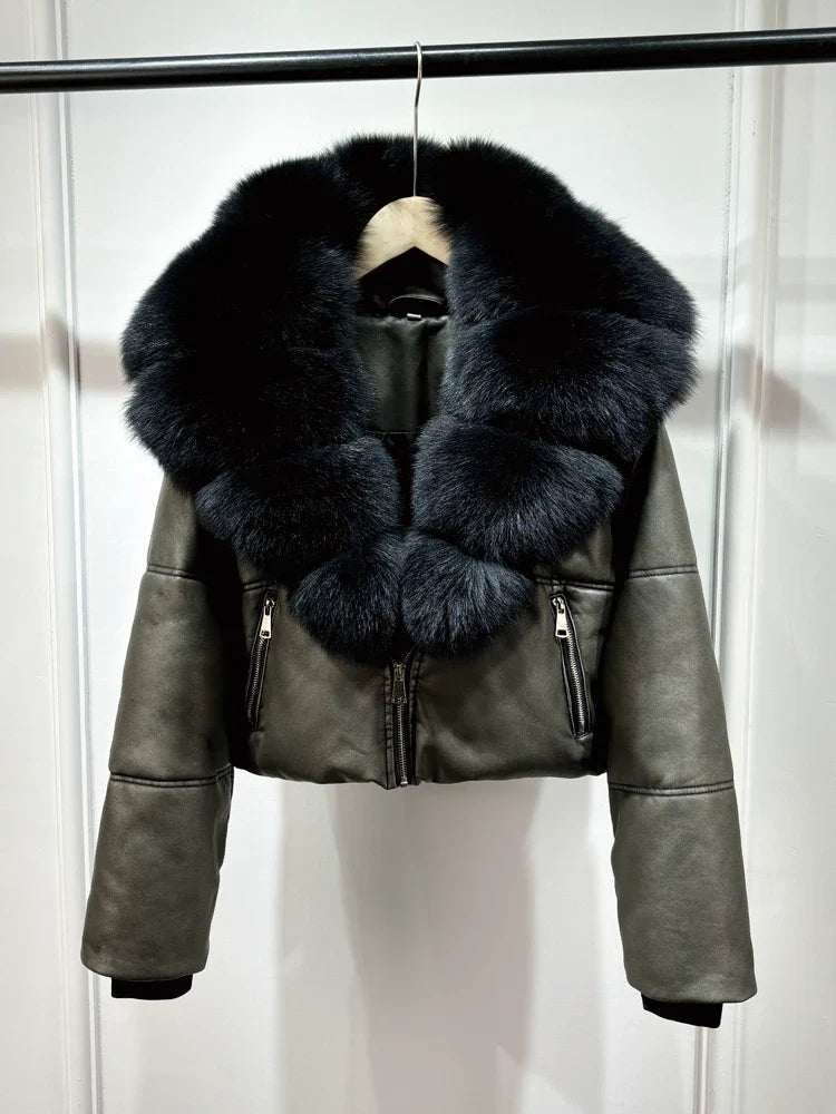 Fashion Fox Fur Women Winter Short PU Leather Jacket Warm Coat