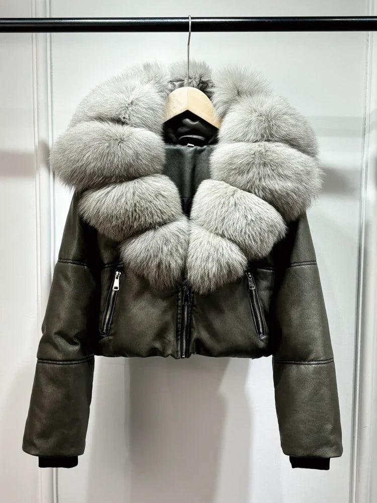 Fashion Fox Fur Women Winter Short PU Leather Jacket Warm Coat