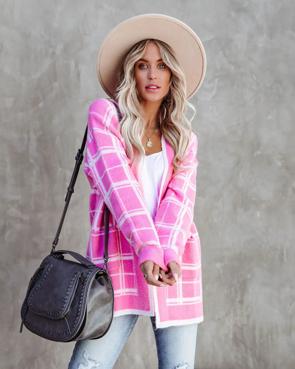 Madi Pocketed Plaid Knit Cardigan - Pink