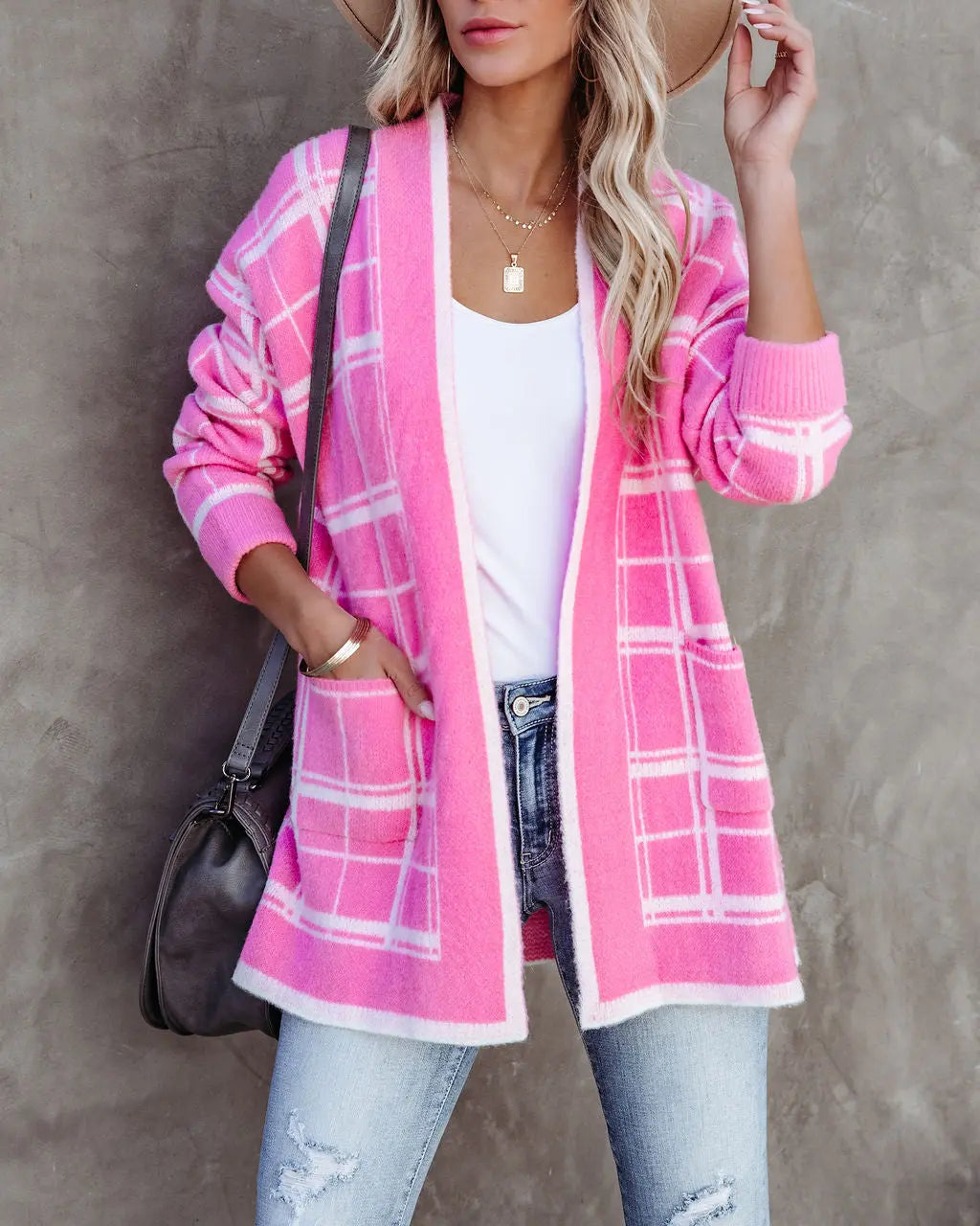 Madi Pocketed Plaid Knit Cardigan - Pink