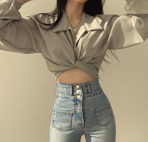 Vittoria Tie Front Crop Blouse - Medium Grey
