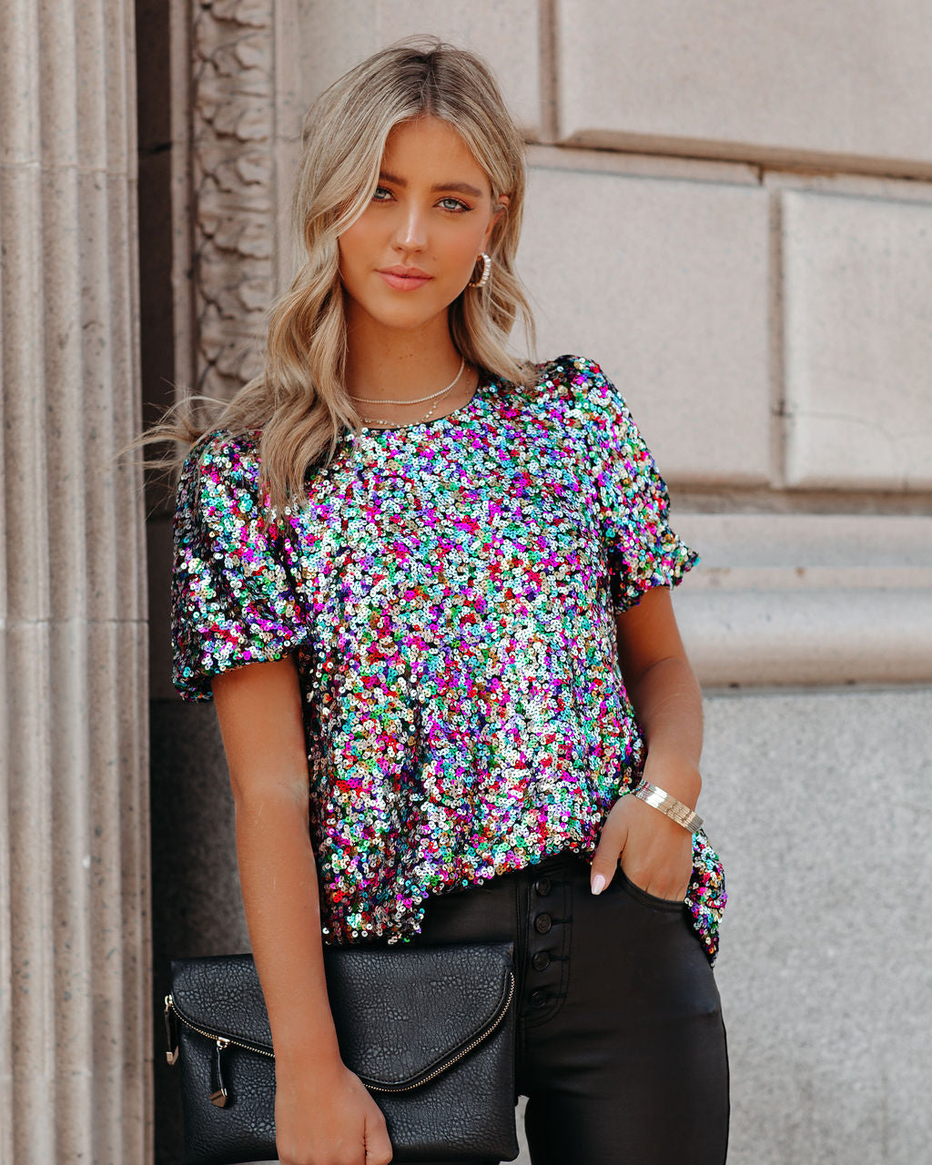 Neptune Sequin Puff Sleeve Blouse
