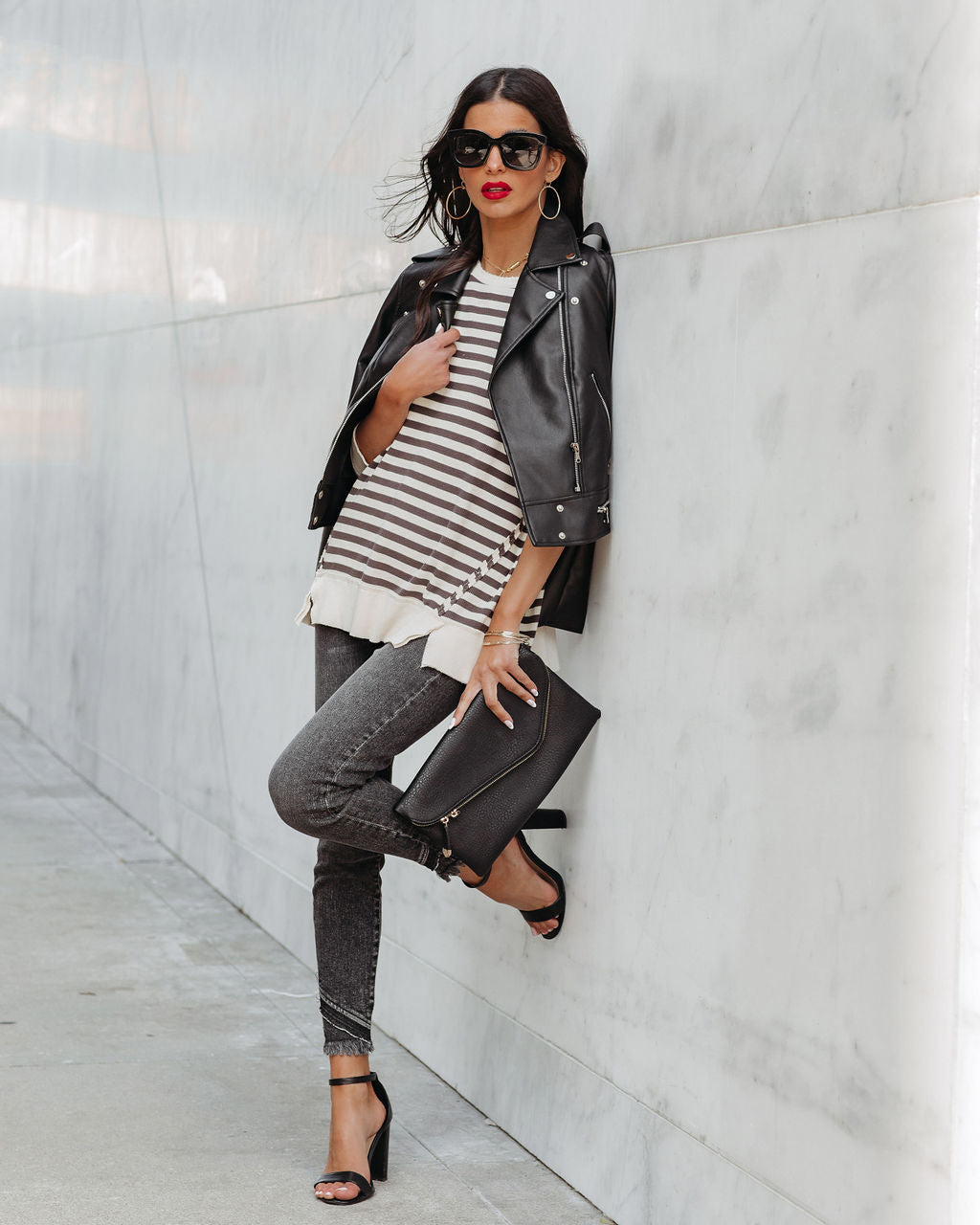 Nora Cotton Distressed Striped Pullover - Charcoal Cream