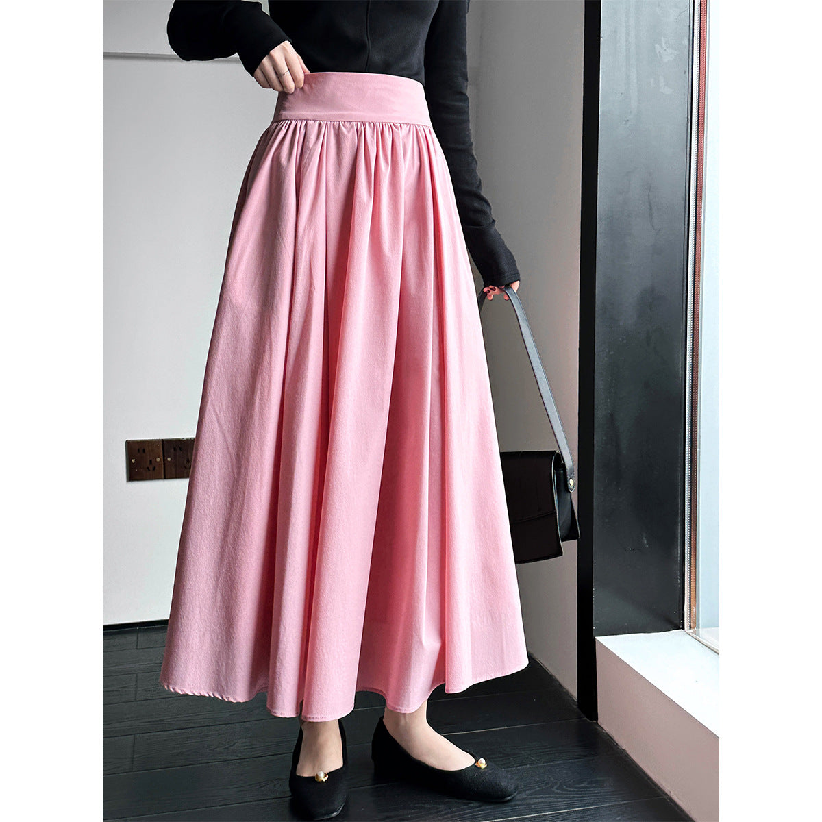 Elegant Pink Midi Skirt – Flowy A-Line Pleated Skirt with High Waist