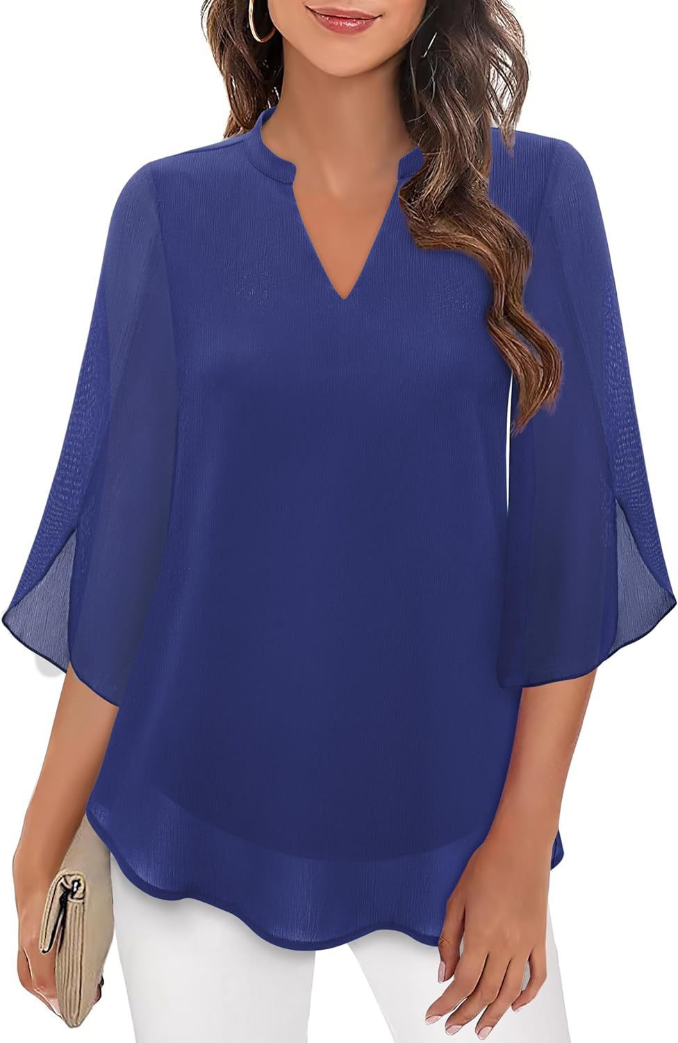 Women's Flowy V-Neck Chiffon Blouse with Petal Sleeves