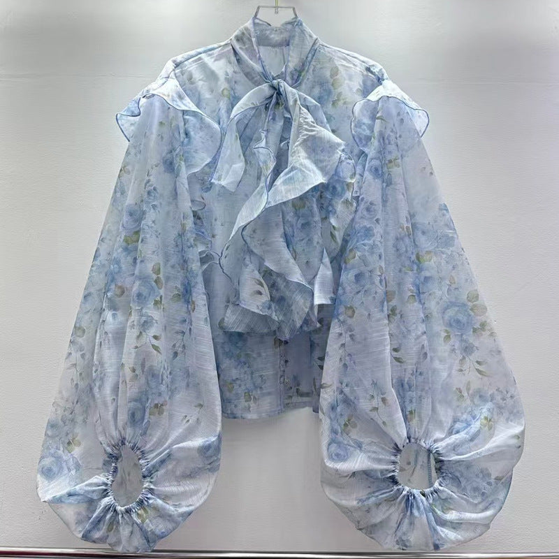 Bow Tie Lantern Sleeve Ruffle Blouse