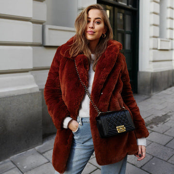 Luxury Faux Fur Coat – Winter Warm Thick Plush Oversized Jacket with Lapel Collar