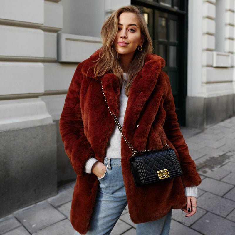 Luxury Faux Fur Coat – Winter Warm Thick Plush Oversized Jacket with Lapel Collar
