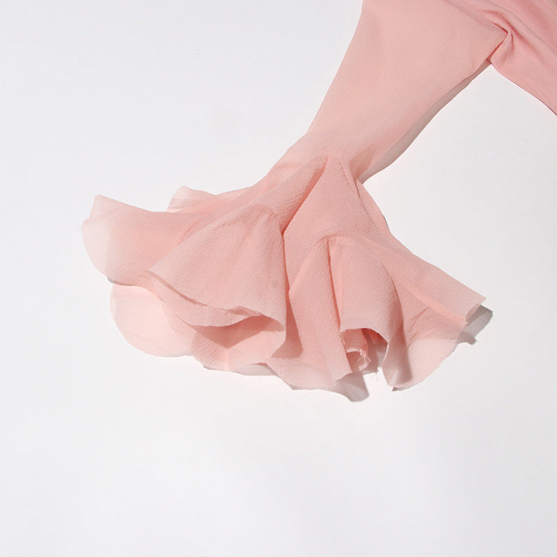 Designed Elegant Round Neck Patchwork Hem Flounce Midi Dress with Bell Sleeves