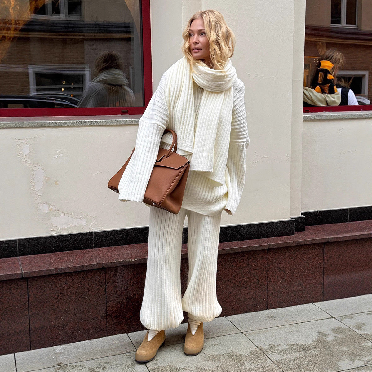 Women's V-Neck Ribbed Knit Sweater Set