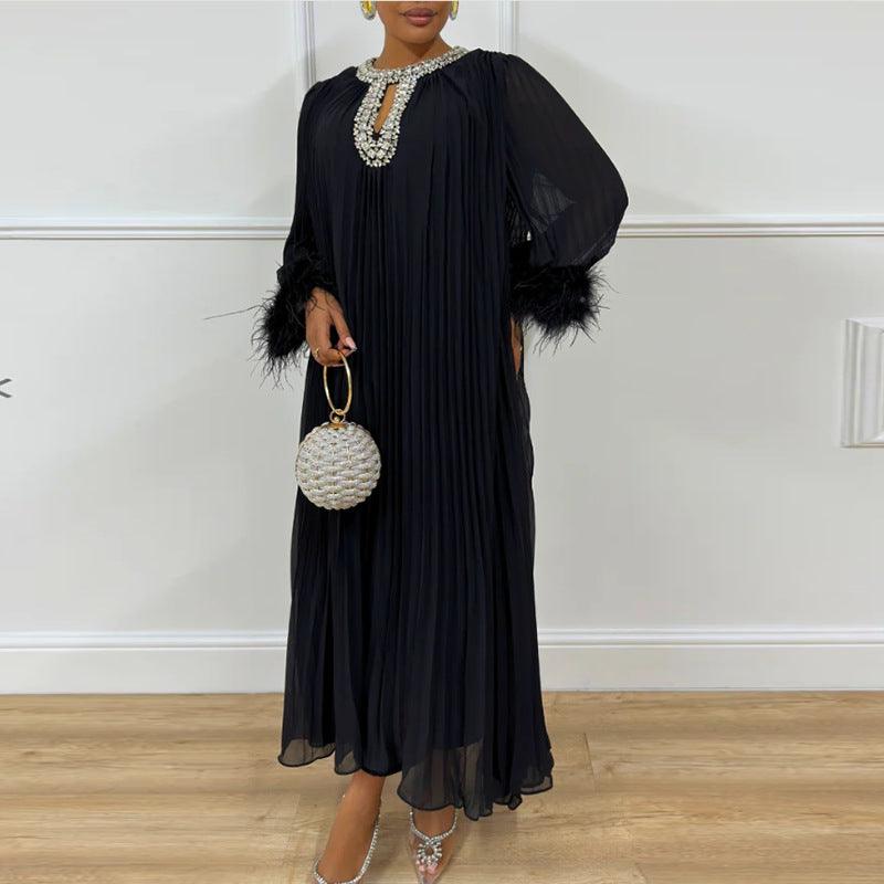Elegant Round Neck Rhinestone Ostrich Feather Long Sleeve Ruffle Dress