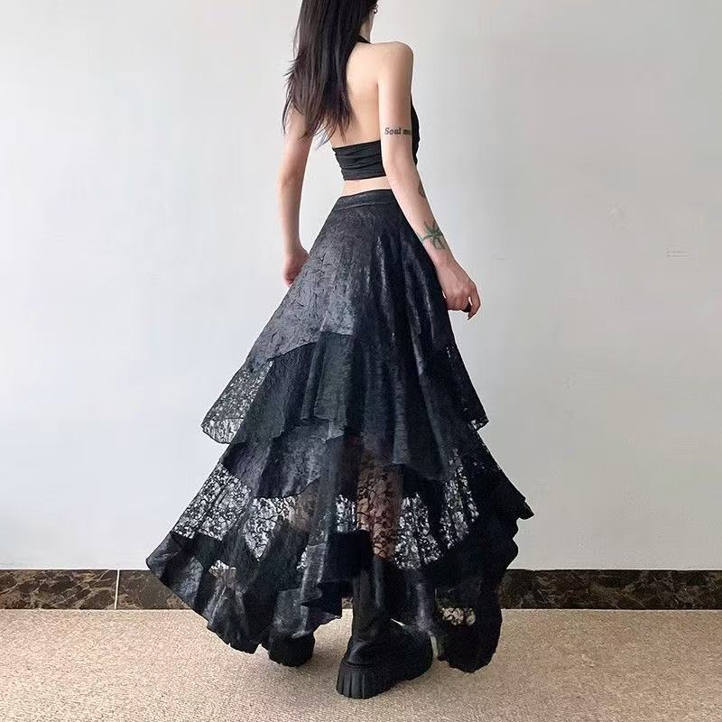 Dark Grunge Lace Patchwork High-Waist Midi Skirt