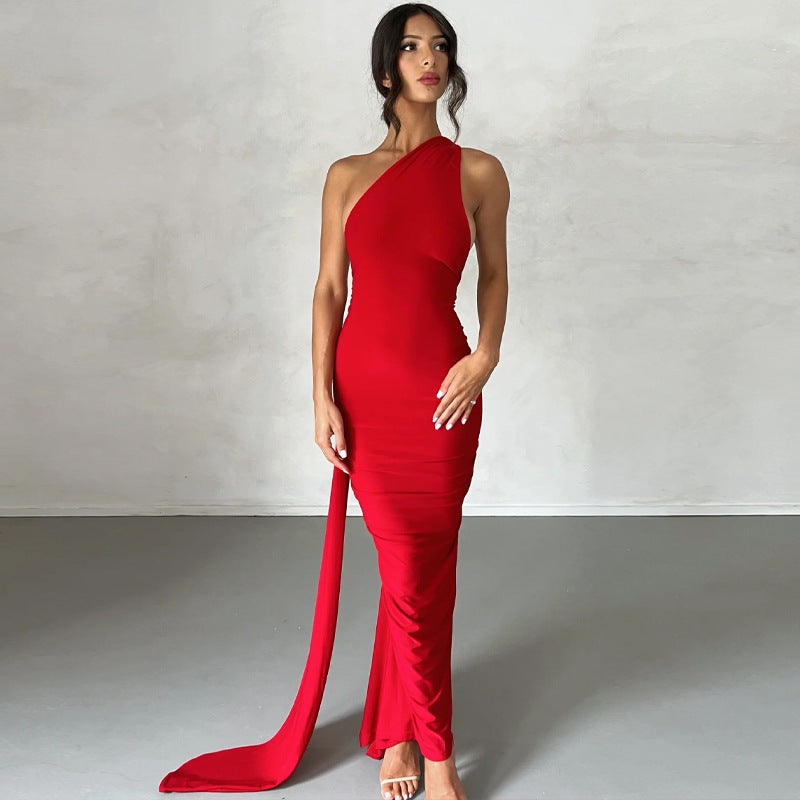 Sexy One Shoulder Sleeveless Long Evening Party Dresses-Dresses-Free Shipping at meselling99