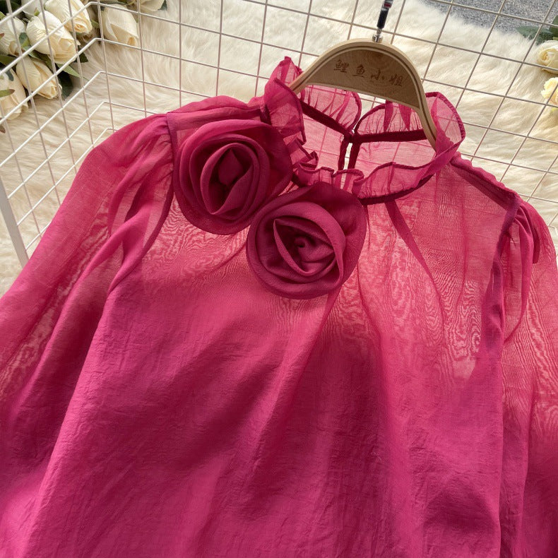 Designed 3D Flowers Chiffon Long Sleeves Shirts