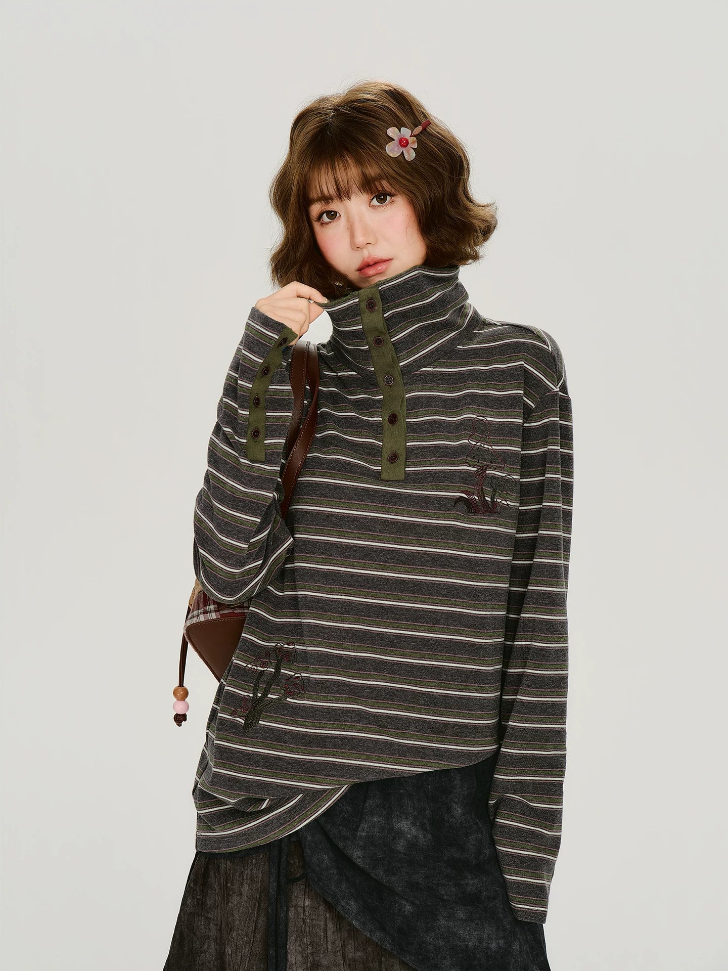 Girlyhalo Vintage High Neck Striped Long Sleeve Tee